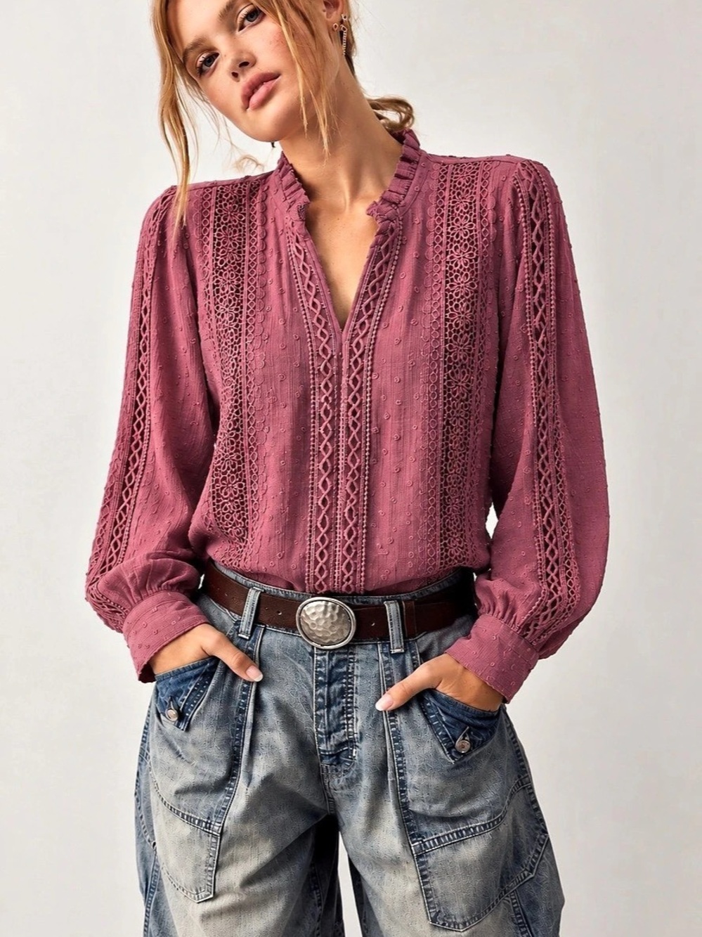 326. Ricki's Swiss Dot Lace Trim Blouse Pink XS